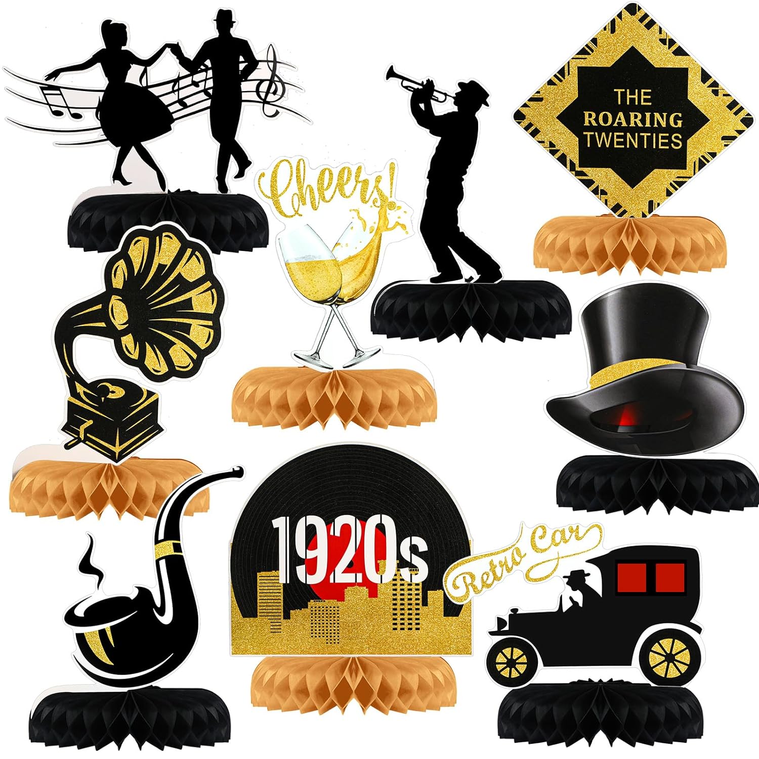 thinkstar 9 Pcs Roaring 20S Party Decorations Jazz Roaring 1920'S Party  Honeycomb Centerpiece Black And Gold Roaring 20S Honeycomb C…
