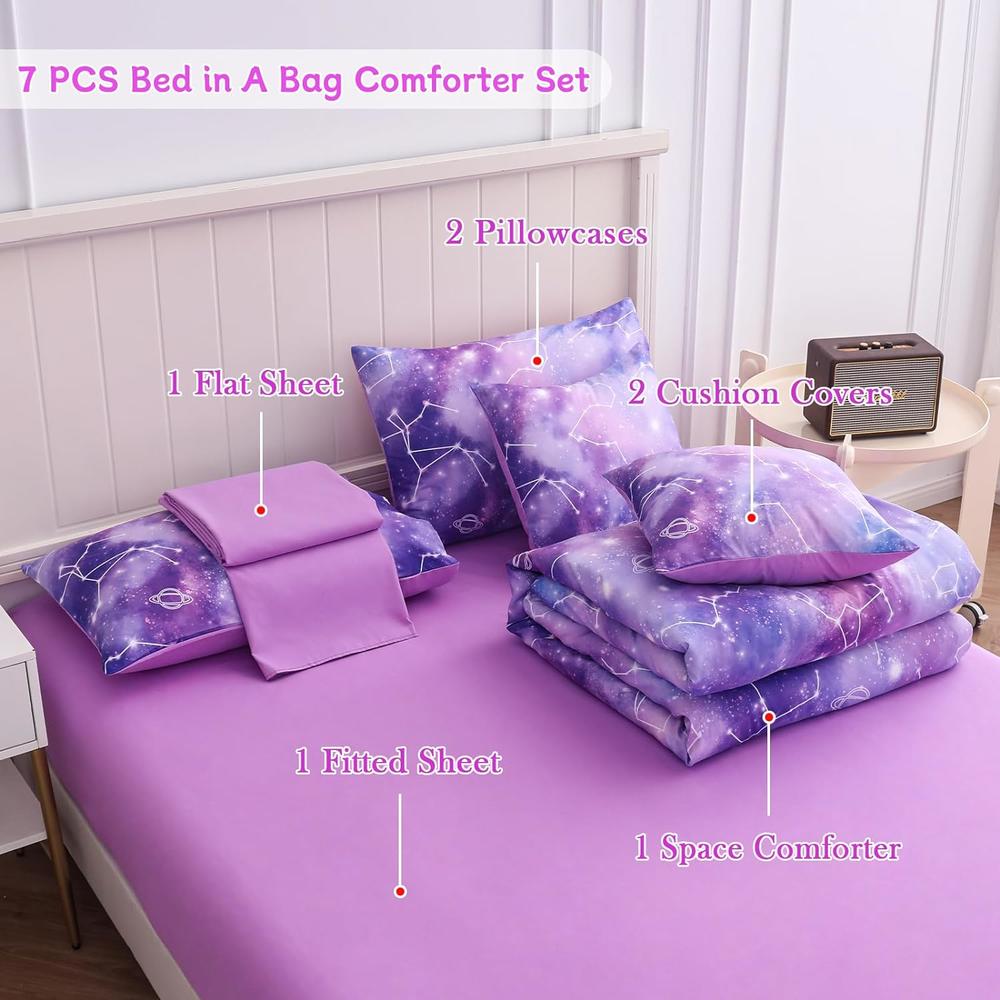 thinkstar Bedding Sets Kids Bedding Sets For Girls,Galaxy Bedding 7Pieces Glitter Pink Comforter Colorful Comforter Full Size