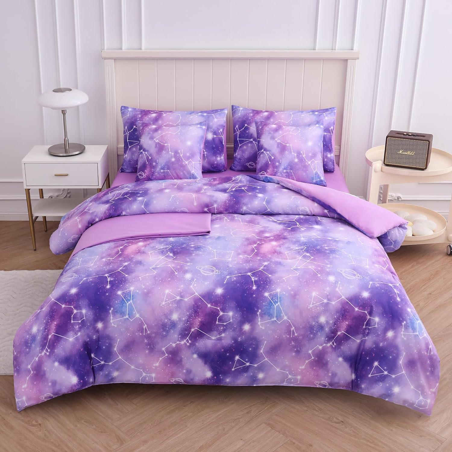 thinkstar Bedding Sets Kids Bedding Sets For Girls,Galaxy Bedding 7Pieces Glitter Pink Comforter Colorful Comforter Full Size