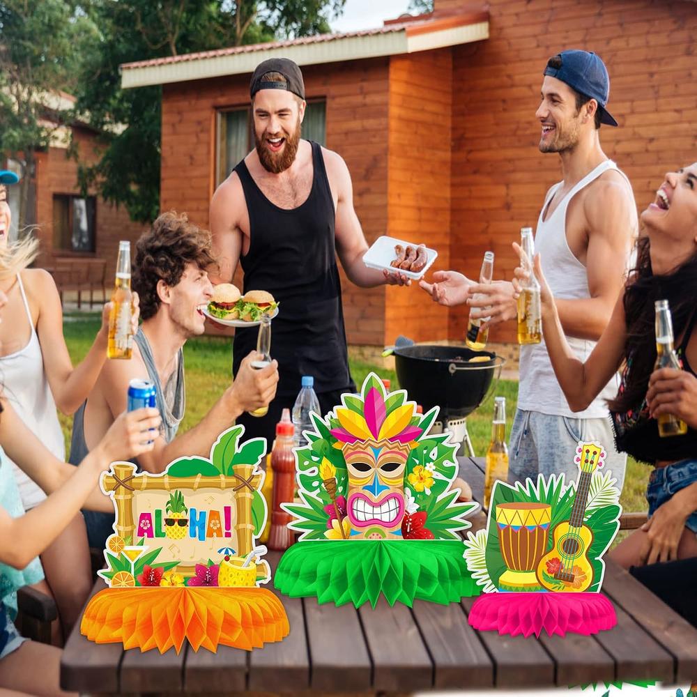 9-Piece Tiki Hawaiian Luau Honeycomb Centerpieces - Tropical Summer Party Decor, Table Toppers For Beach Birthday