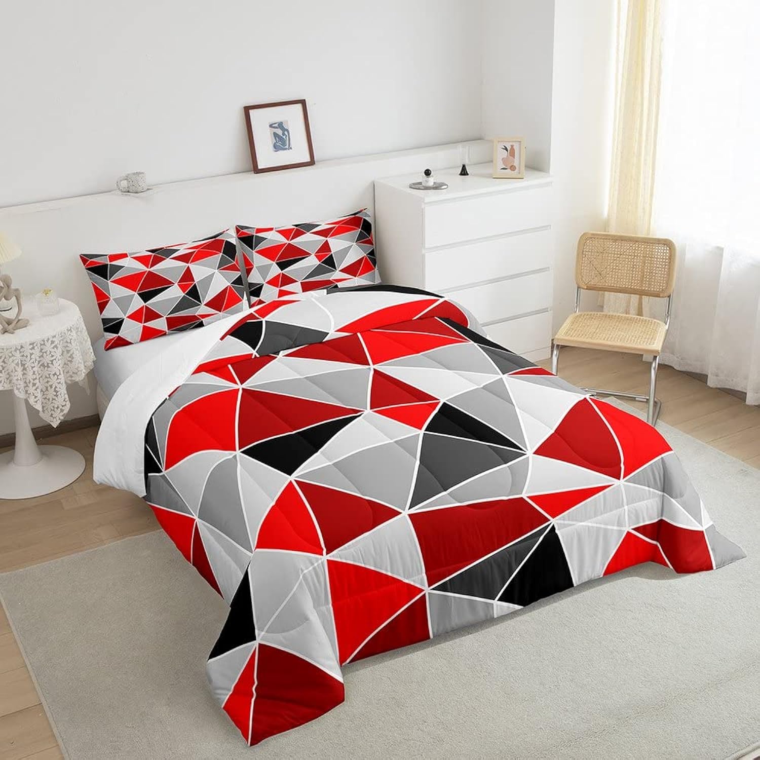 thinkstar Geometric Triangle Comforter Set Full,Red Grey Black Graphic Bedding Set,Colorful Diamond Printed Down Comforter For Kids …