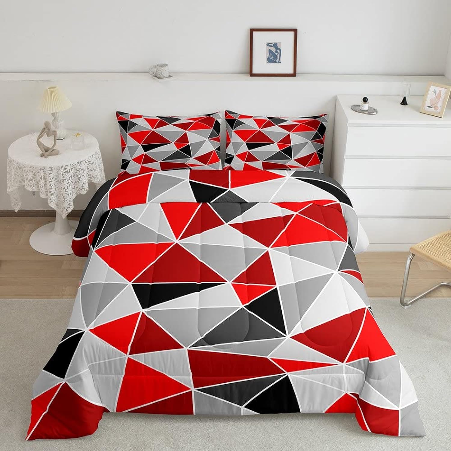 thinkstar Geometric Triangle Comforter Set Full,Red Grey Black Graphic Bedding Set,Colorful Diamond Printed Down Comforter For Kids …