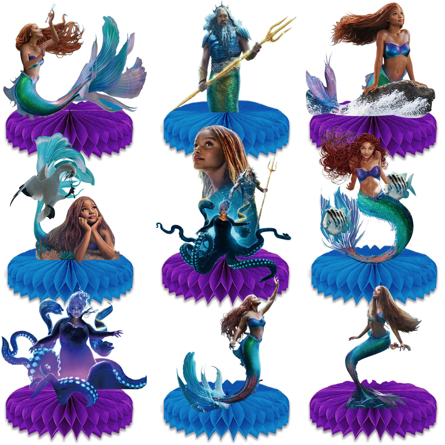 thinkstar 9Pcs Little Mermaid 2023 Birthday Party Decorations,Black Mermaid Honeycomb Centerpieces 2023 Little Mermaid 3D Table Deco…