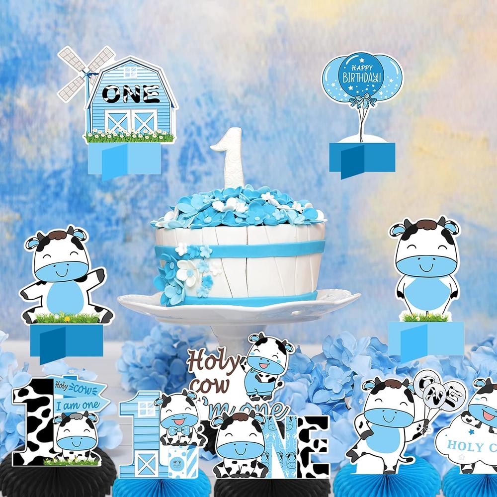 Holy Cow I'm One Birthday Backdrop Banner - Blue Flower Farm Theme 1st Birthday Decor, 70.8x43.3 Inch Photo Backdrop