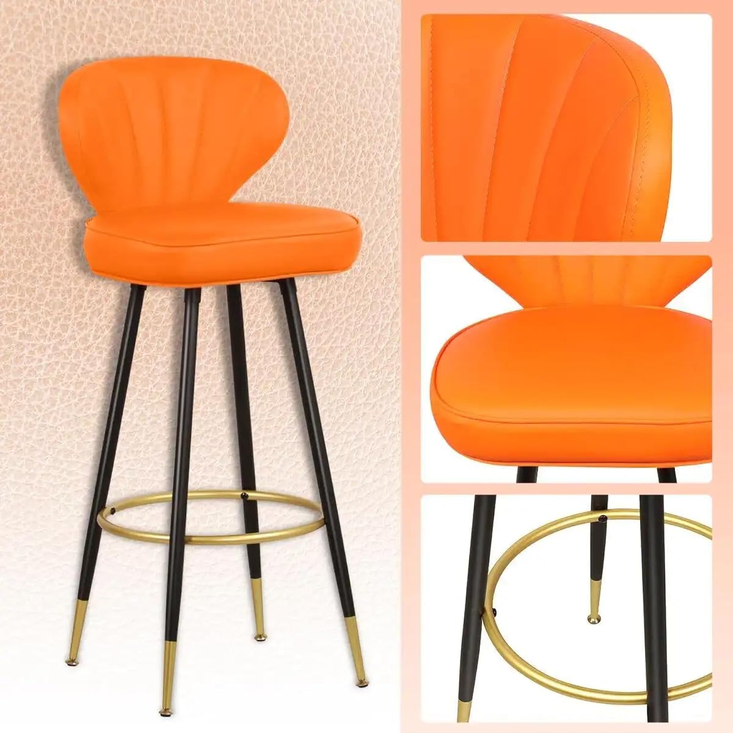 thinkstar Stylish Set Of 2 Modern Barstools, 30 Inch Orange Counter Height Chairs With Gold Footrest, Upholstered In Pu Leather For …
