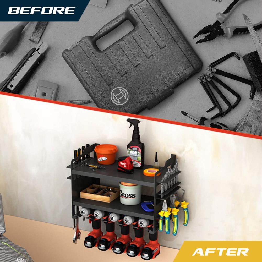thinkstar Power Tool Organizer - 5 Drill Holders, Wall Mount Shelf With ...