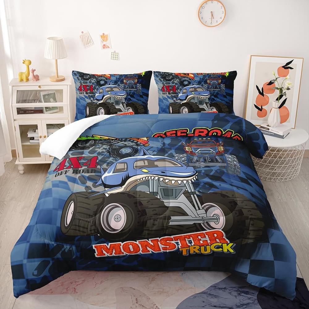 Thinkstar 3D Cartoon Shark Monster Truck Bedding Set For Kids Blue thinkstar-3d-cartoon-shark-monster-truck-bedding-set-for-kids-blue