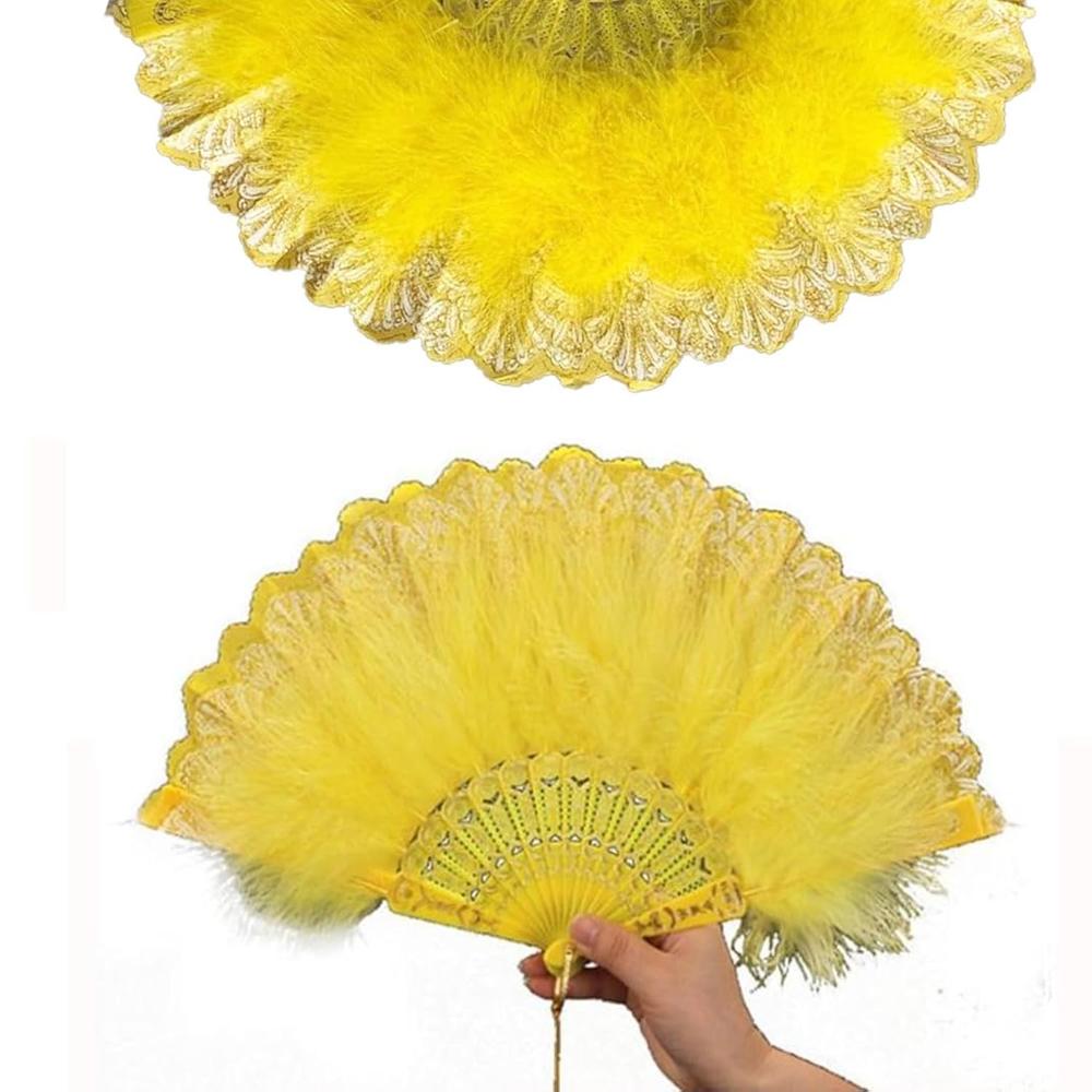 thinkstar Feather Fan,Feather Folding Fan,Yellow Embroidered Flower ...