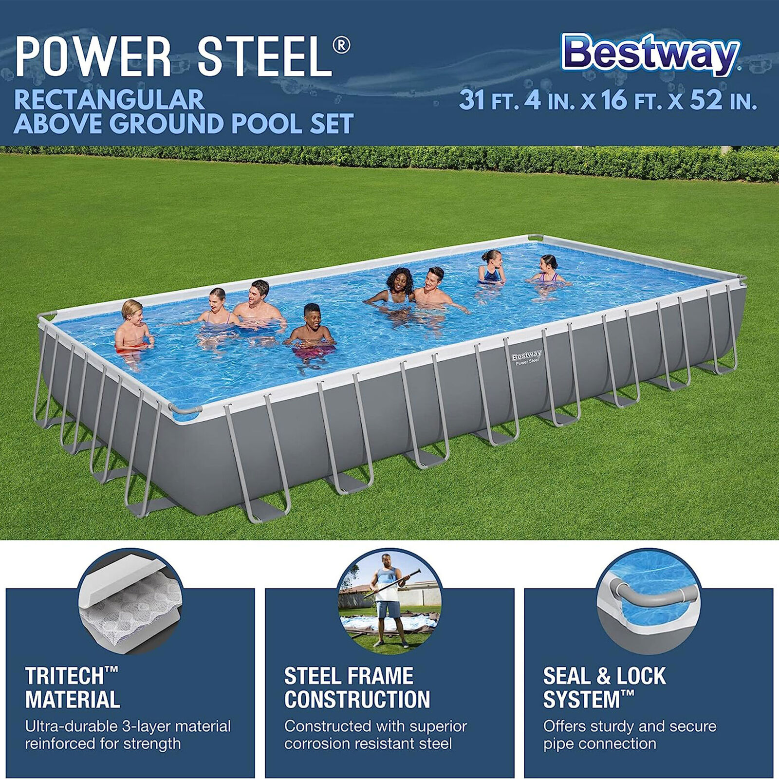 Bestway Power Steel 31'4" x 16' x 52" Rectangular Above Ground Swimming Pool Set