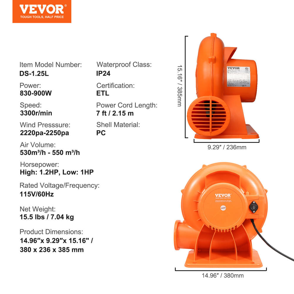 VEVOR Inflatable Bounce House Blower 1 & 1.2 HP 900W Air Blower Pump Fan