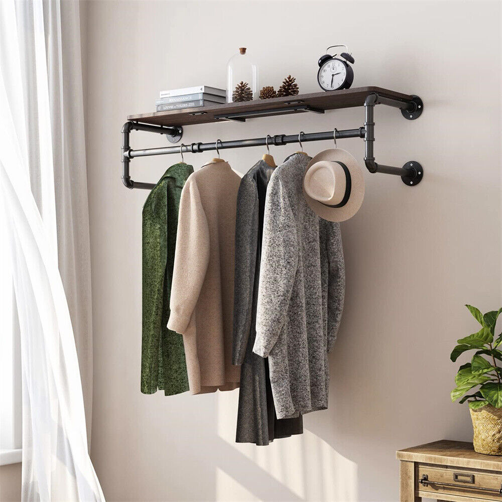 thinkstar Industrial Pipe Clothes Rack With Top Shelf 3 Hooks Heavy Duty Wall Garment Bar