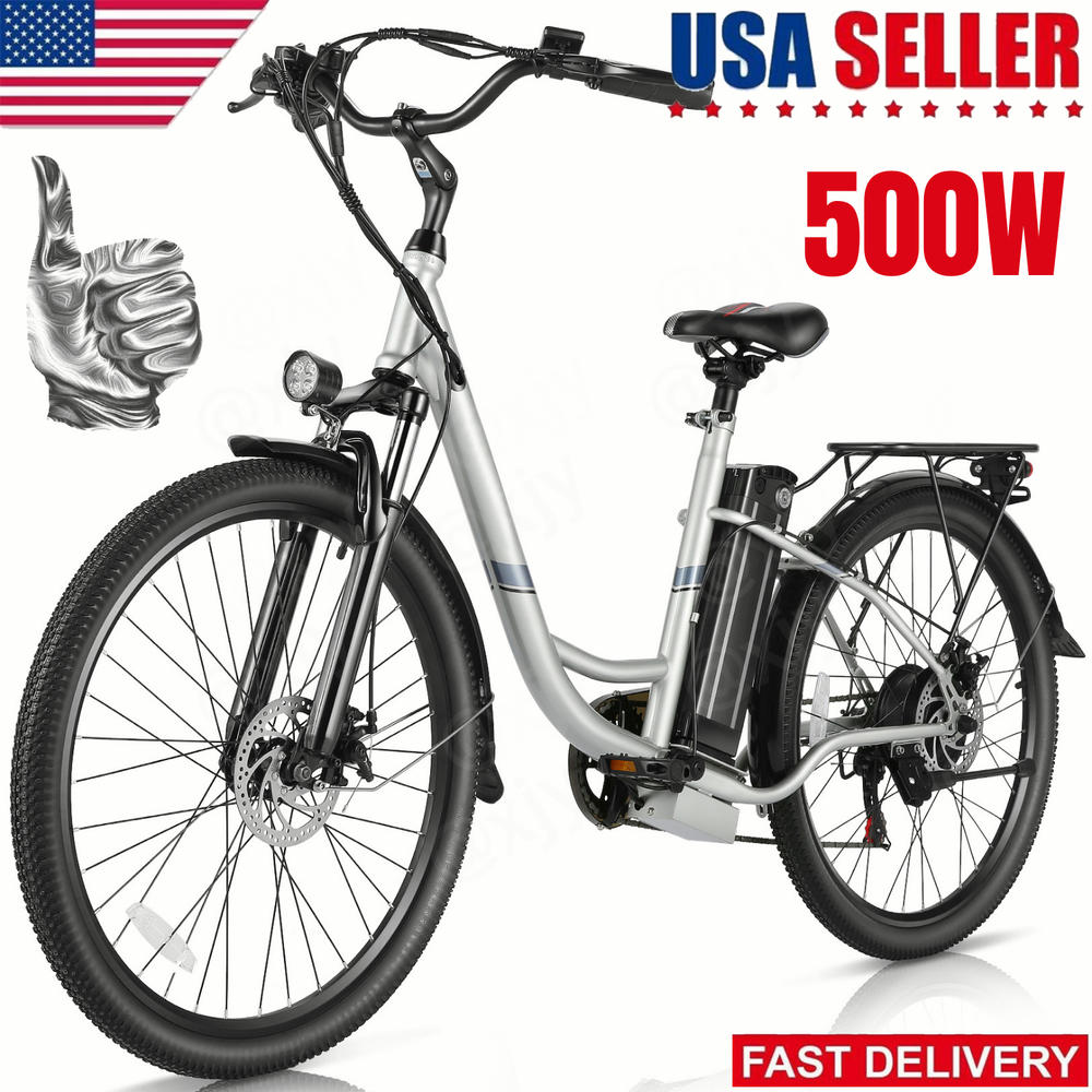 thinkstar 26'' 500W Electric Bike City Ebike Suspension Fork Rear Rack Commuter For Adult~