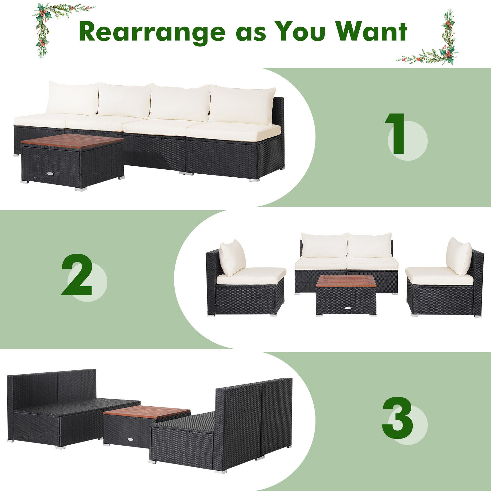 thinkstar 5Pcs Patio Rattan Furniture Set W/ Acacia Wood Coffee Table & Cushions Off White