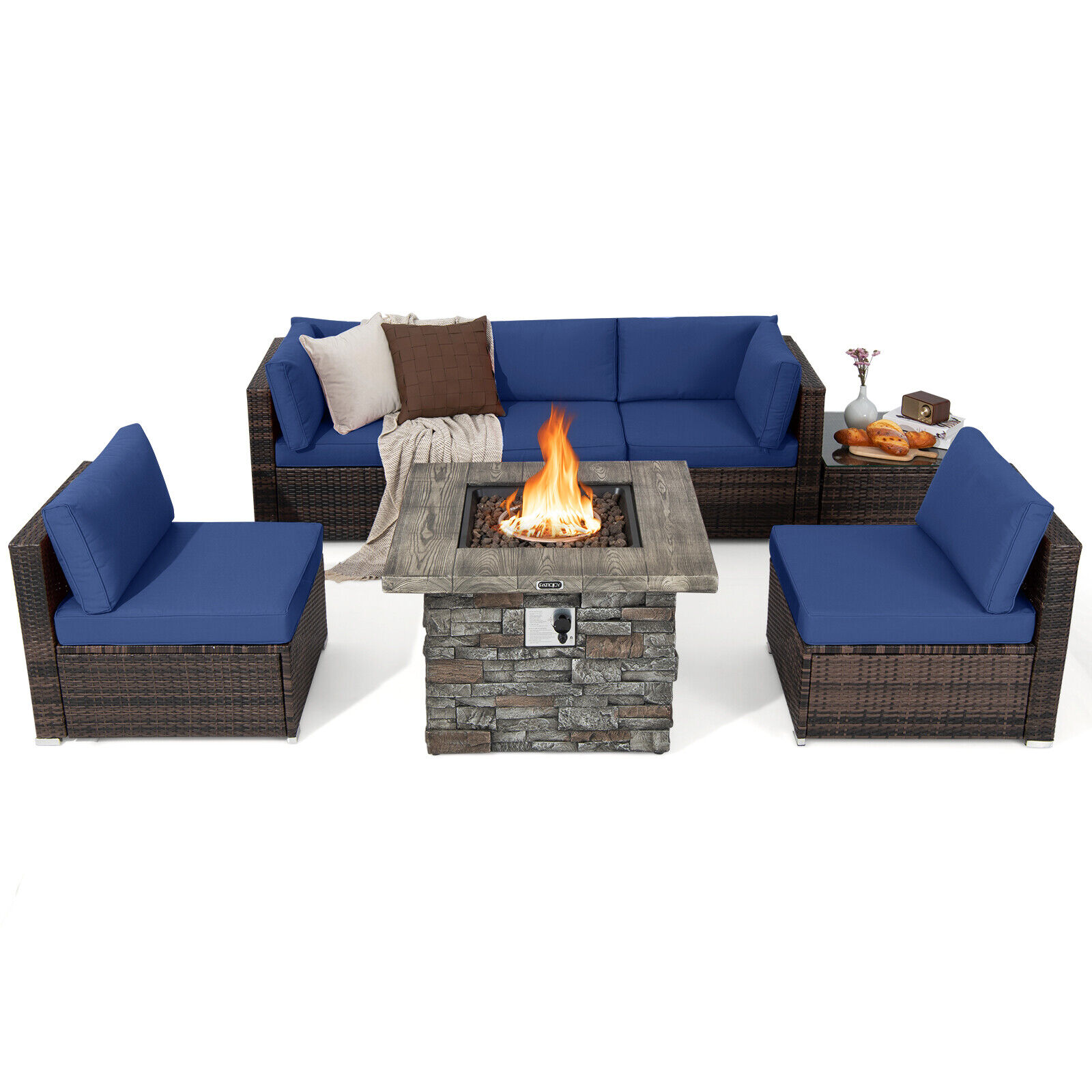 thinkstar 7 Pcs Patio Furniture Set W/50,000 Btu Fire Pit Table Wicker Sofa Set W/Cushions