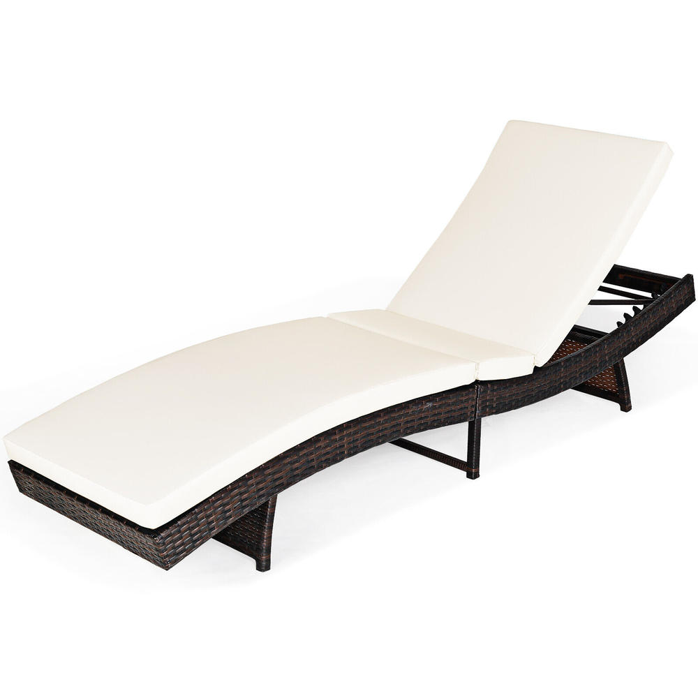 thinkstar Patio Rattan Folding Lounge Chair Chaise Adjustable W/White Cushion