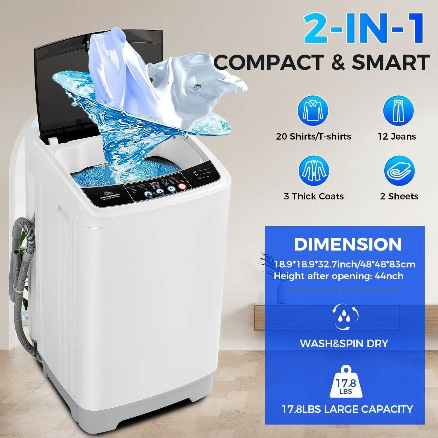 thinkstar 17.8Lbs Portable Full-Auto Washing Machine 2.4Cu.Ft Washer And Spin Dryer Combo