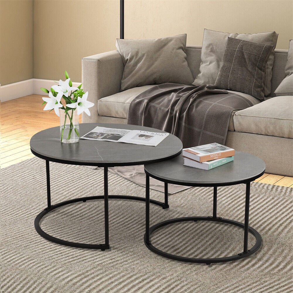 thinkstar Real Marble Round Coffee Table Set Of 2 Nesting Side End Table Sturdy Metal Leg