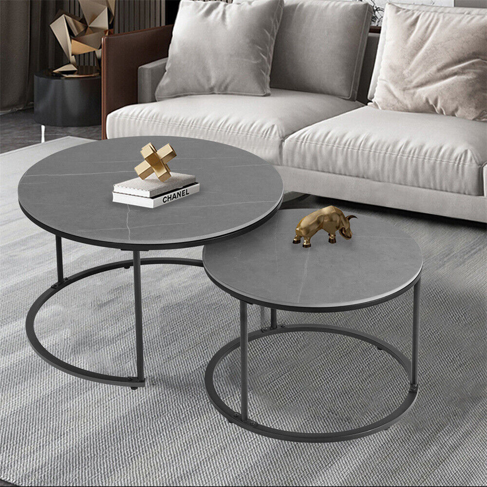 thinkstar Real Marble Round Coffee Table Set Of 2 Nesting Side End Table Sturdy Metal Leg