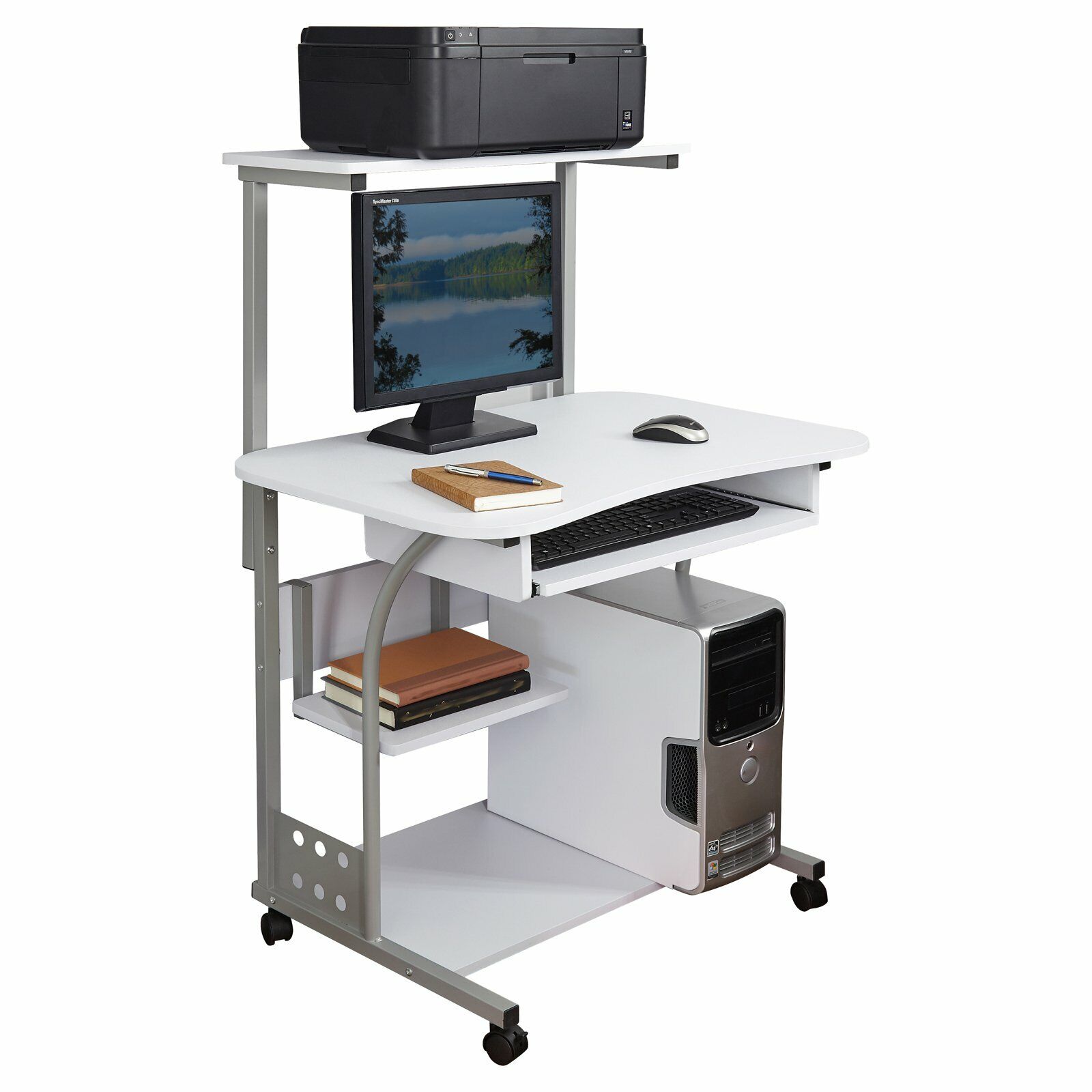 &nbsp; White Mobile Computer Tower Desk Printer Shelf Laptop Table Top Home Office Cart