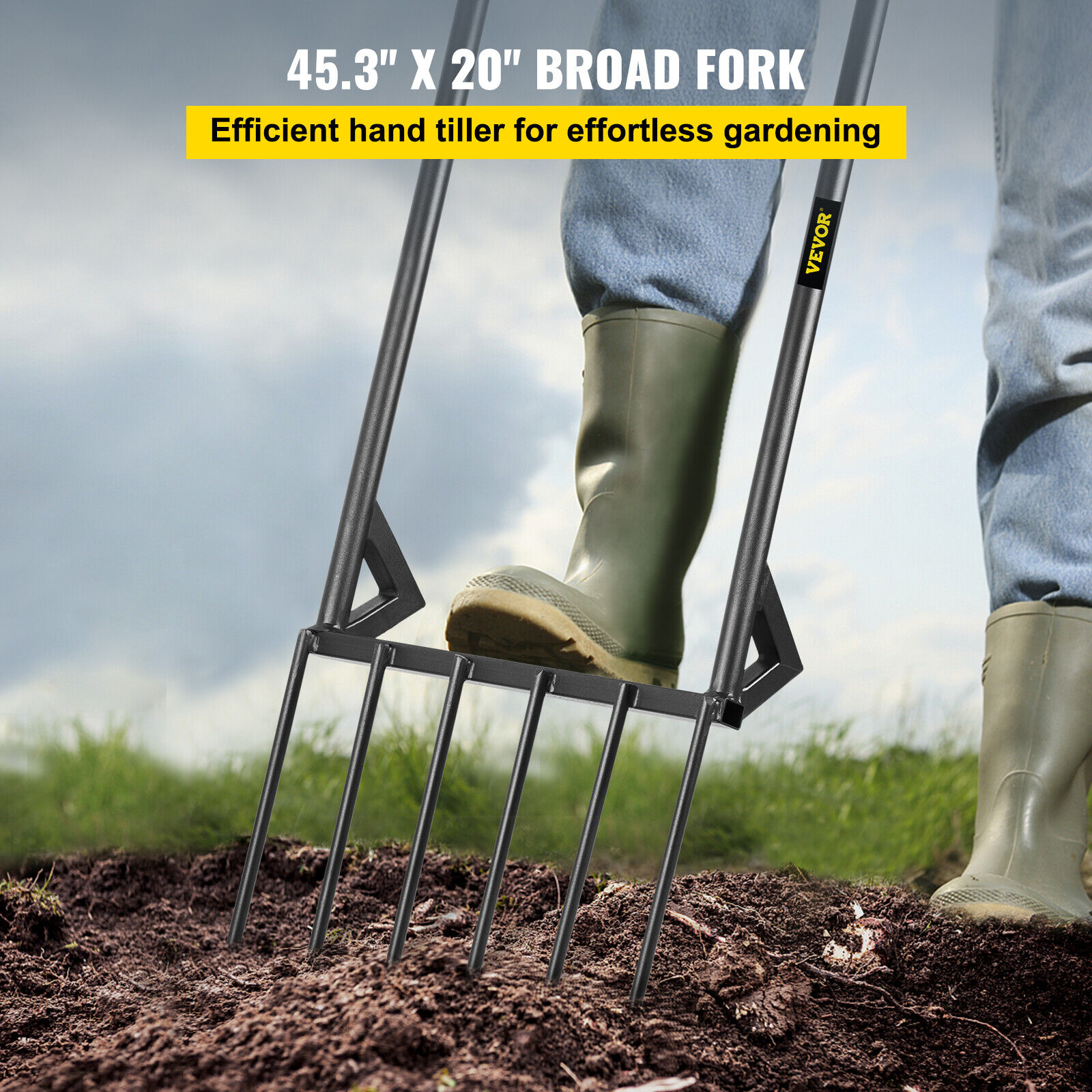 VEVOR Broadfork Cultivating Tool Broad Fork 6 Steel Tines 45in for Gardening