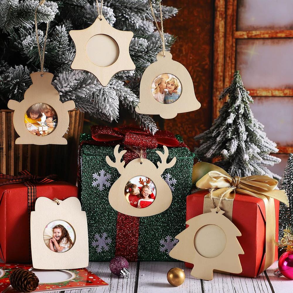 thinkstar 20 Pieces Christmas Wooden Photo Frame Ornaments Crafts Wood Picture Frame Ornaments Pack To Paint Diy Christmas Ornamen…