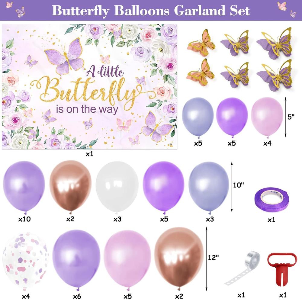 thinkstar Butterfly Baby Shower Decorations For Girl Purple A Little Butterfly Is On The Way Baby Shower Backdrop Banner And Ballo…