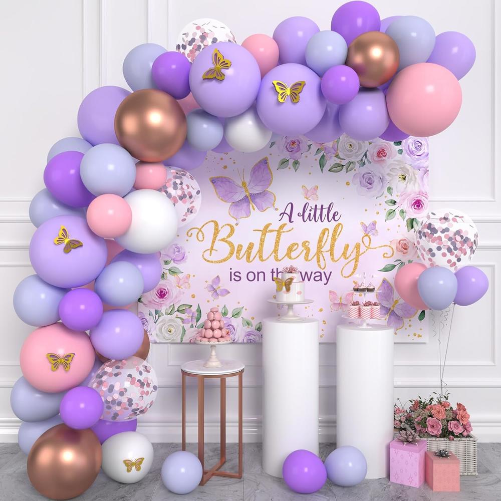thinkstar Butterfly Baby Shower Decorations For Girl Purple A Little Butterfly Is On The Way Baby Shower Backdrop Banner And Ballo…