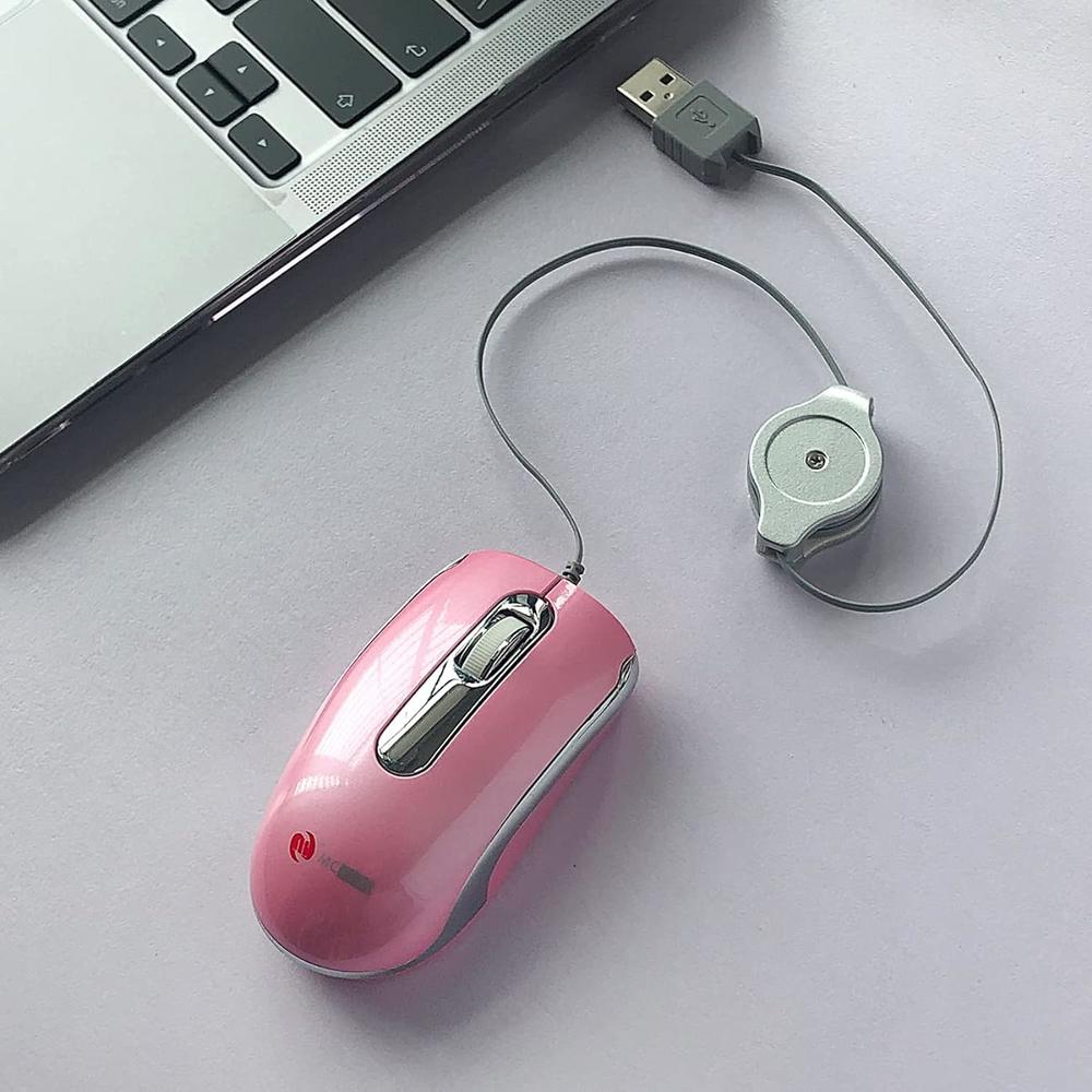 thinkstar Mcsaite Usb Corded Mini Travel Optical Wired Mouse, With Retractable Cable For Mac And Pc - Pink And Silver