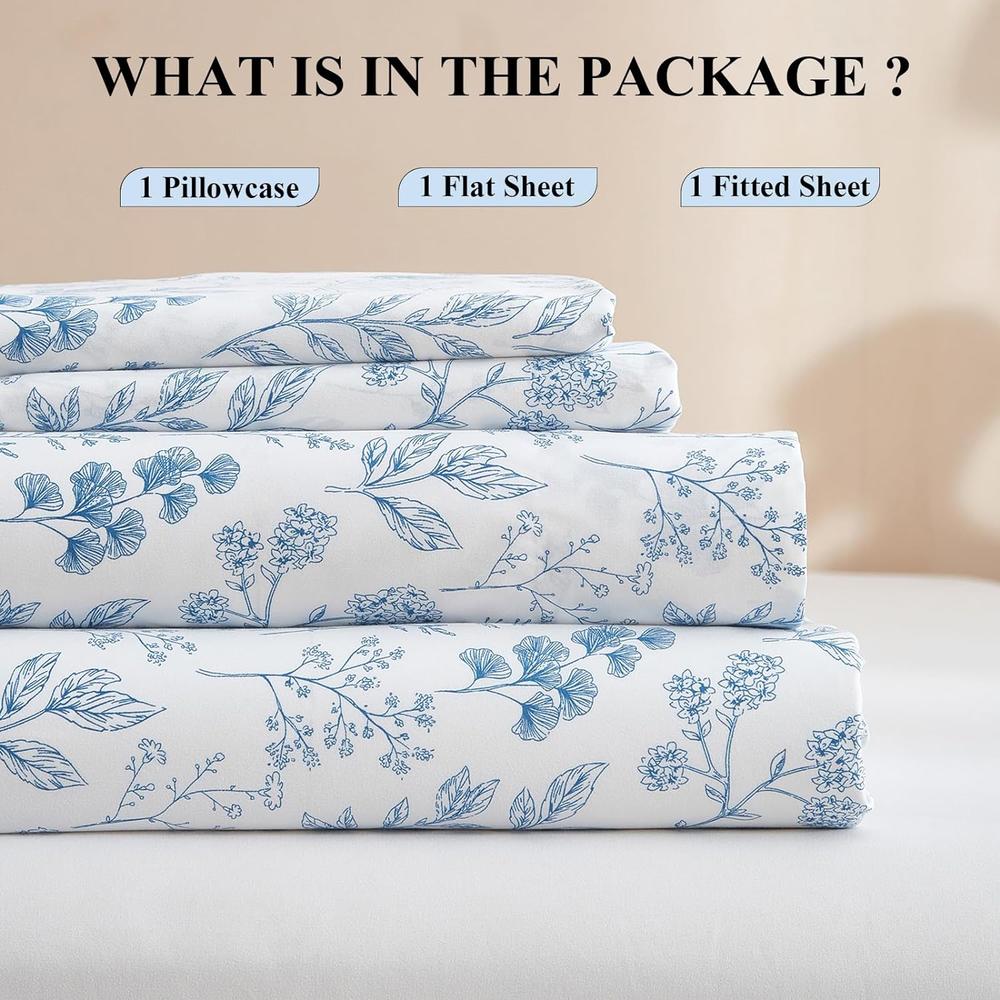 thinkstar 3 Piece Bed Sheets Set Twin Sheets White - Extra Soft Blue Floral Twin Sheets Deep Pocket 16" - Luxury Soft Twin Sheet &…