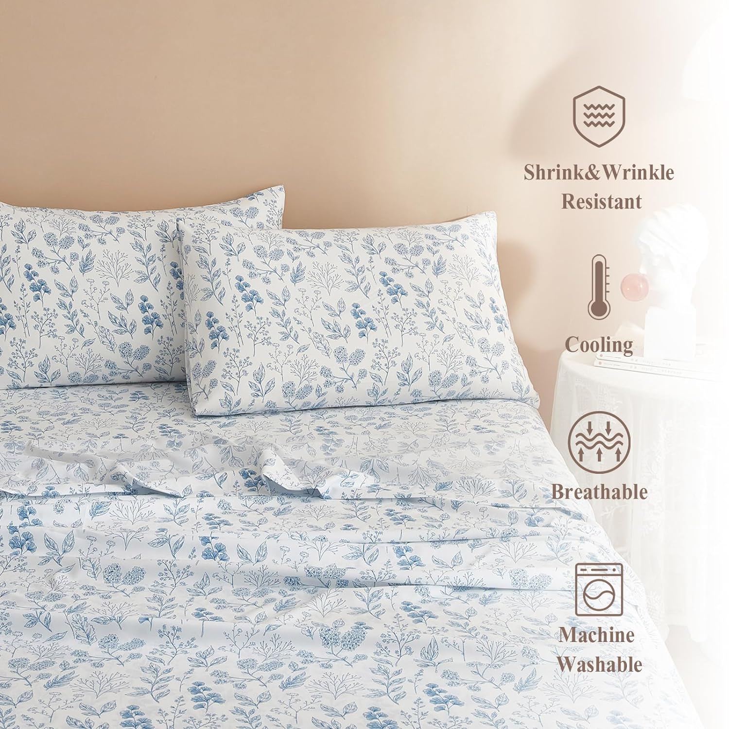 thinkstar Blue Floral King Sheets Set 4 Piece Cooling Bedding Sheet Set - Luxury Soft White Deep Pocket 16" - Easy Soft Fitted She…