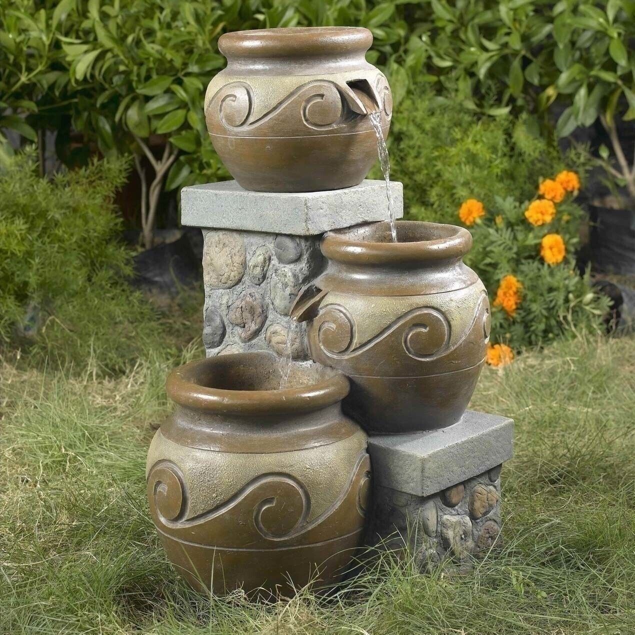 &nbsp; 3 Tier Pots Jugs Outdoor Water Fountain WITH PUMP Garden Patio Decor Stone Wall