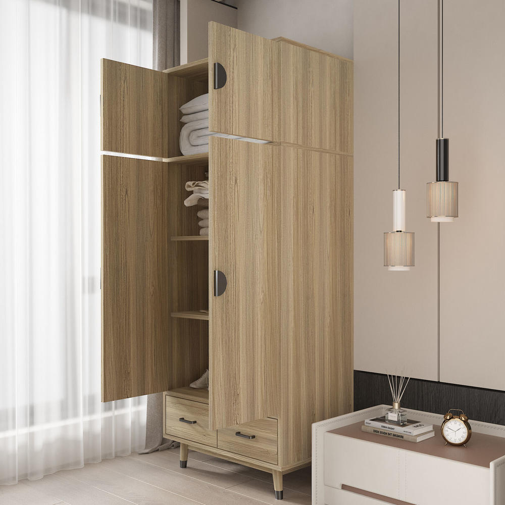thinkstar Wood 2-Doors Wardrobe Armoire With Drawers Bedroom Storage Cabinet In Brown