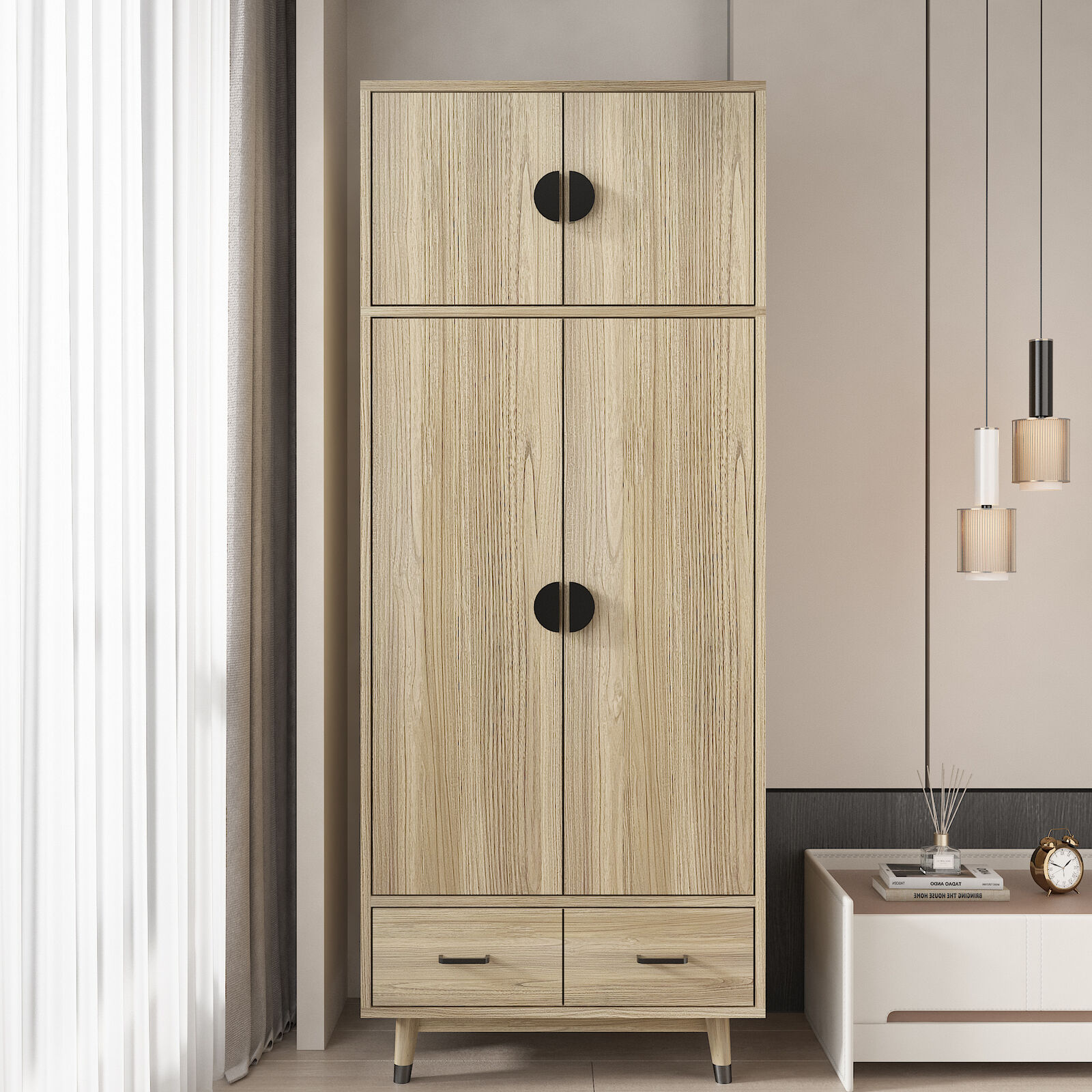 thinkstar Wood 2-Doors Wardrobe Armoire With Drawers Bedroom Storage Cabinet In Brown