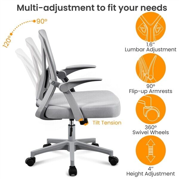 thinkstar Home Office Desk Chair Adjustable Mesh Office Chair With Flip-Up Armrests Gray
