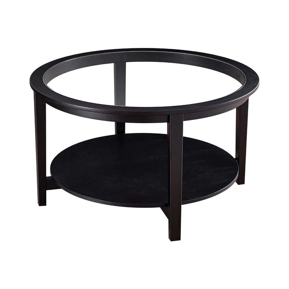 thinkstar 36" Modern Solid Wood Round Coffee Table With Tempered Glass Top For Living Room