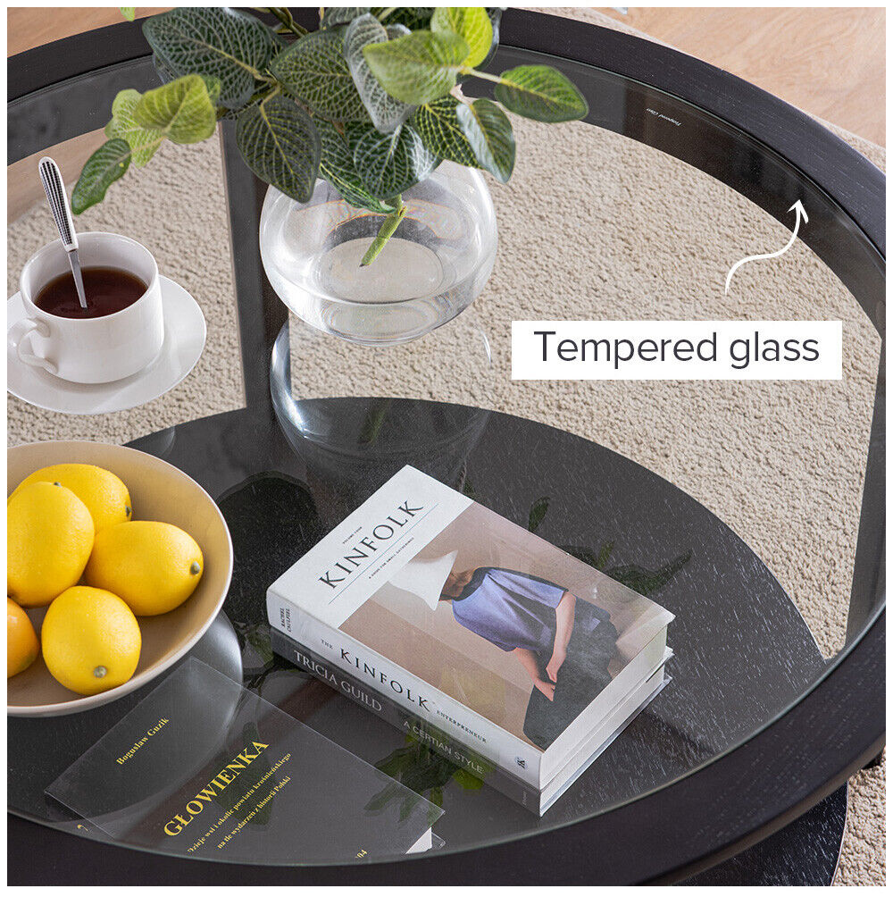 thinkstar 36" Modern Solid Wood Round Coffee Table With Tempered Glass Top For Living Room