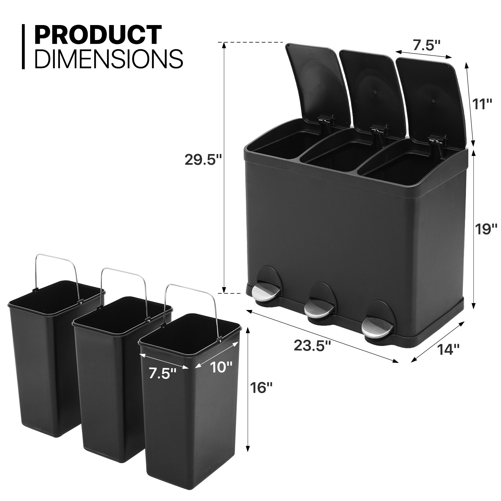 thinkstar 3 Compartment Step On Trash Can Kitchen Garbage Recycling Bin 40L Steel Dustbin