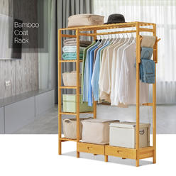 thinkstar 48"Natural Bamboo[Clothes Rail+Pant Rack+Dual Drawer]Coat Storage Shelves W/Hook