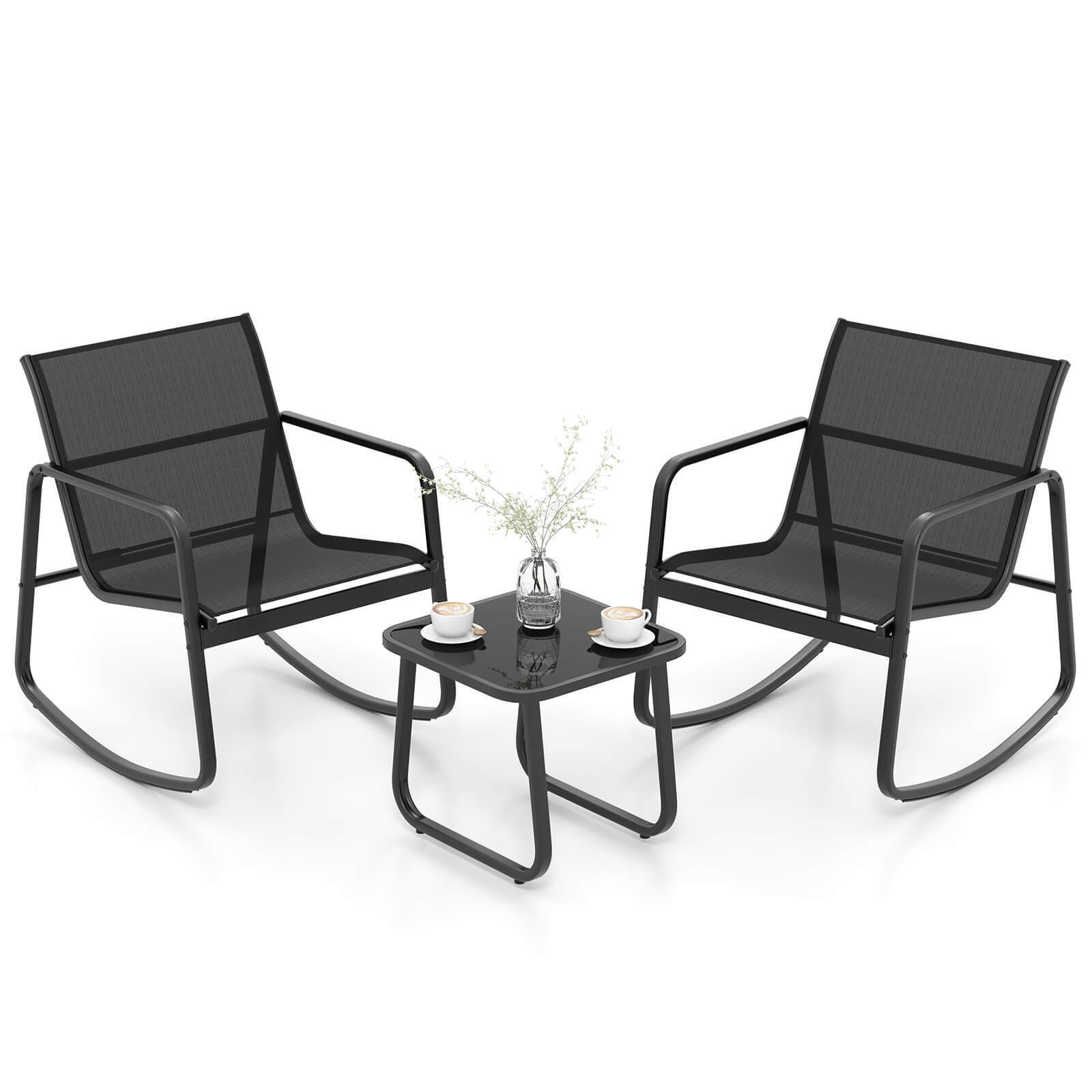 thinkstar 3 Piece Patio Rocking Set 2 Rocking Bistro Chairs & Glass-Top Table For Porch