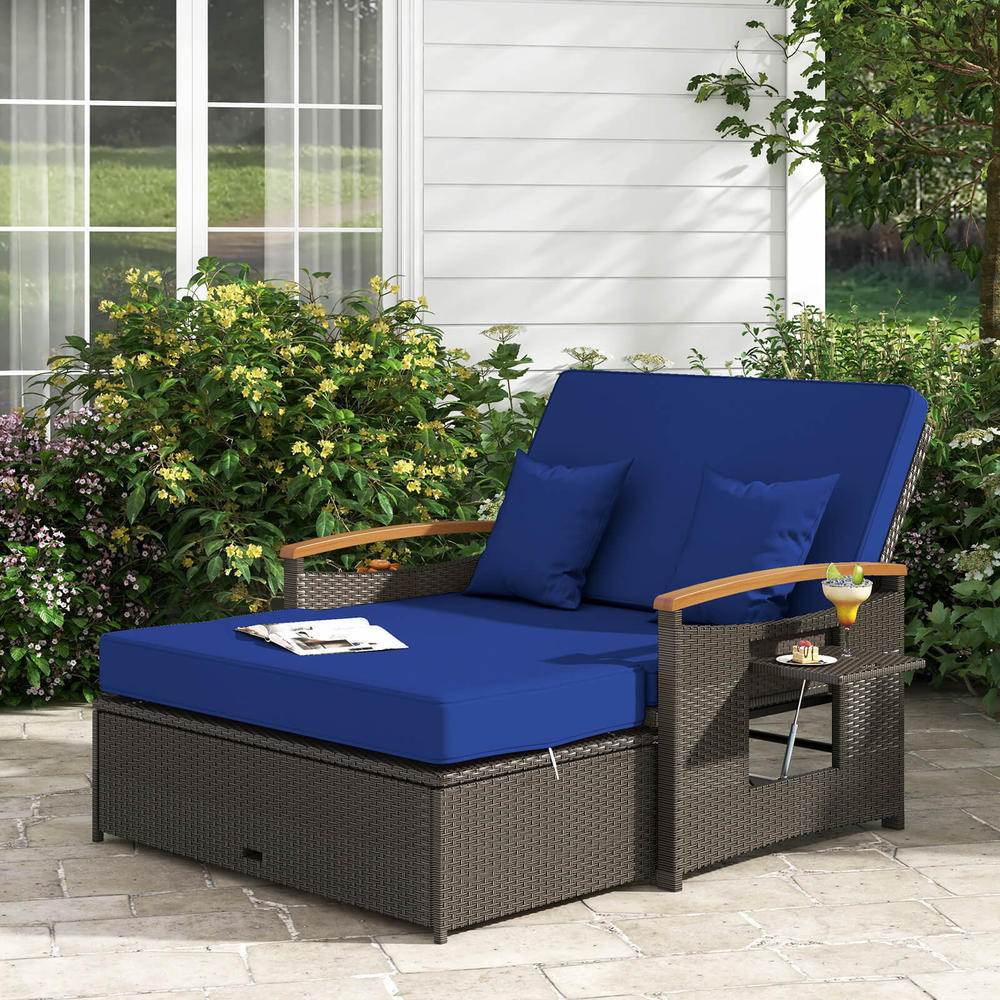 thinkstar Outdoor Double Chaise Lounger Set W/ Cushioned Loveseat & Storage Ottoman Navy