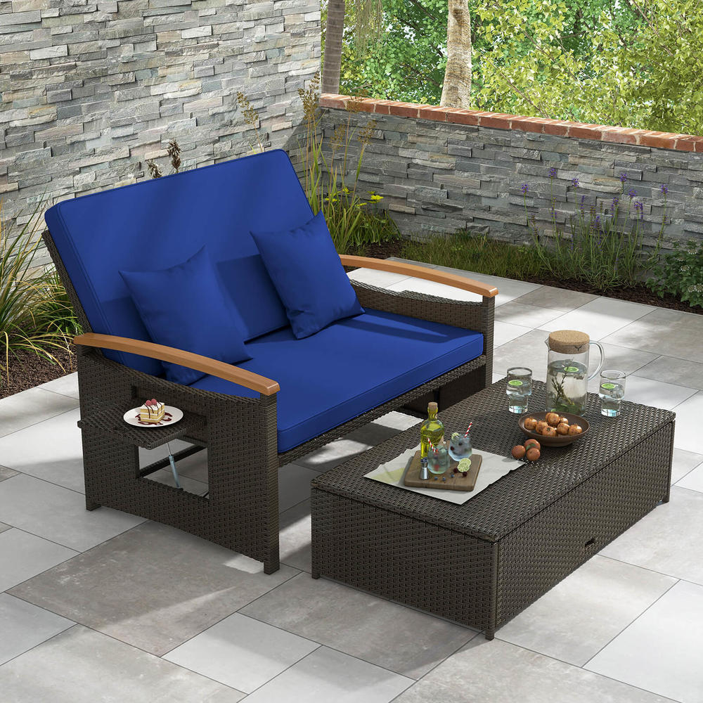 thinkstar Outdoor Double Chaise Lounger Set W/ Cushioned Loveseat & Storage Ottoman Navy