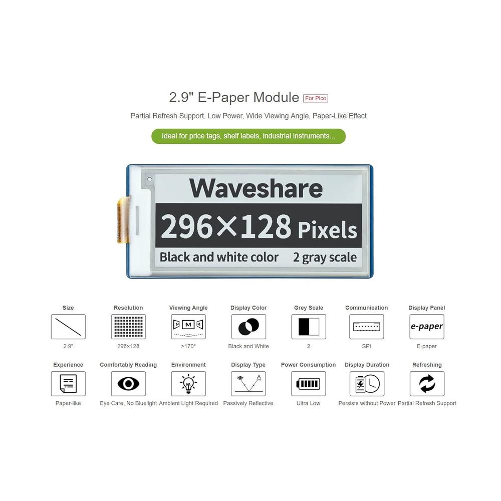 waveshare 2.9inch E-Paper E-Ink Display Module for Raspberry Pi Pico ...