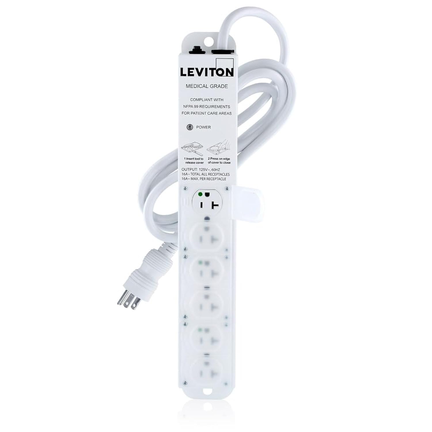 Leviton 5306M-2N7 20 Amp Medical Grade Power Strip, 6-Outlet, 7' Cord, Image