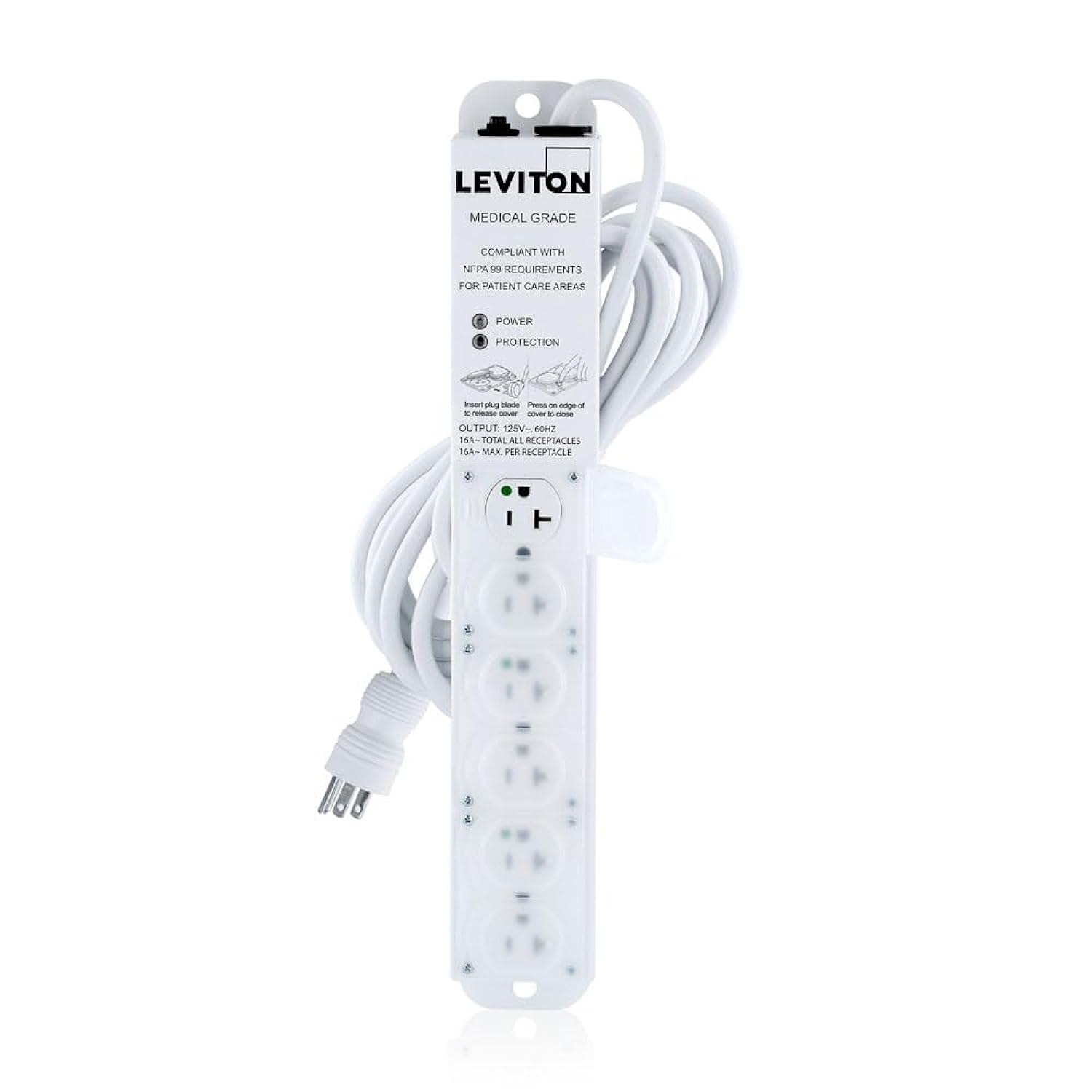 Leviton 5306M-2S5 20 Amp Medical Grade Power Strip, Surge Protected, 6-Outlet, 15' Cord, Image