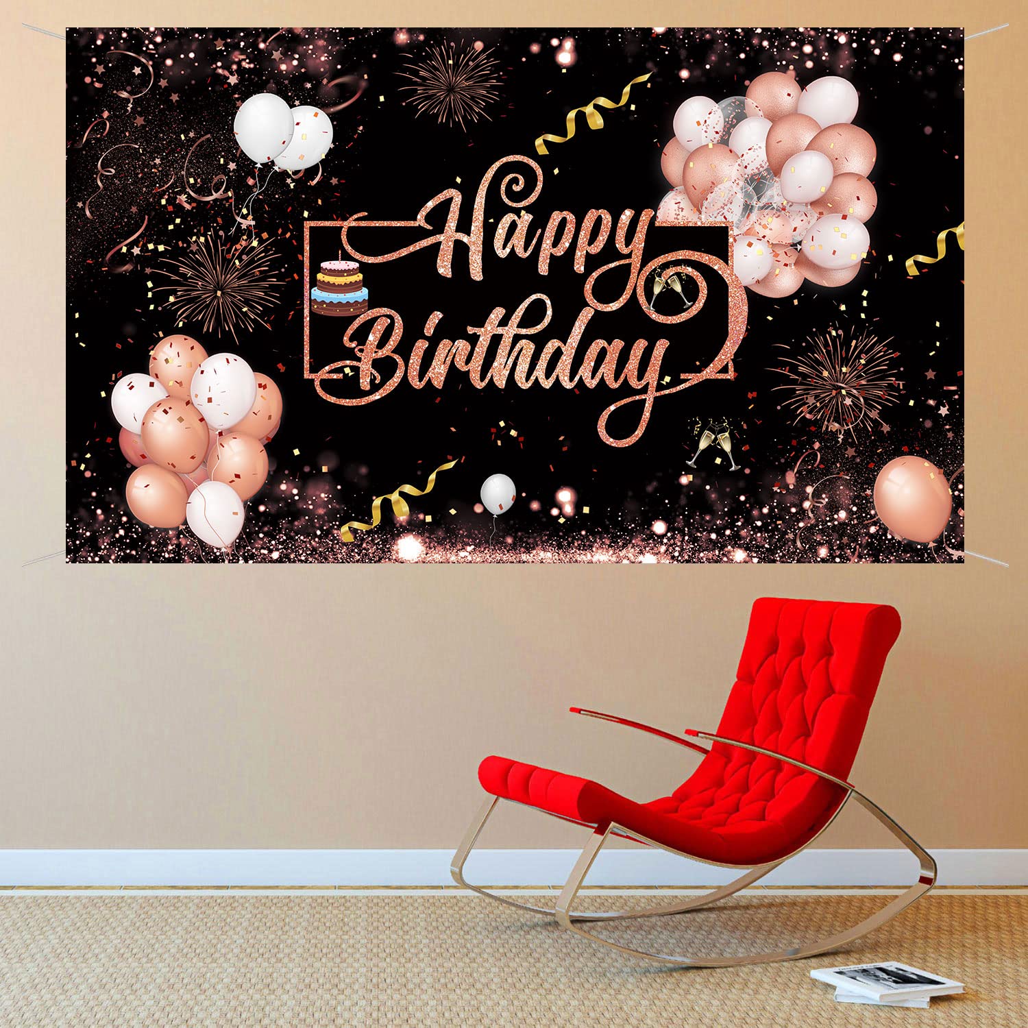 thinkstar Rose Gold Happy Birthday Theme Fabric Sign Poster Banner Backdrop With Firework,Star,Balloons,Cakes Pattern For Brithday Phot…