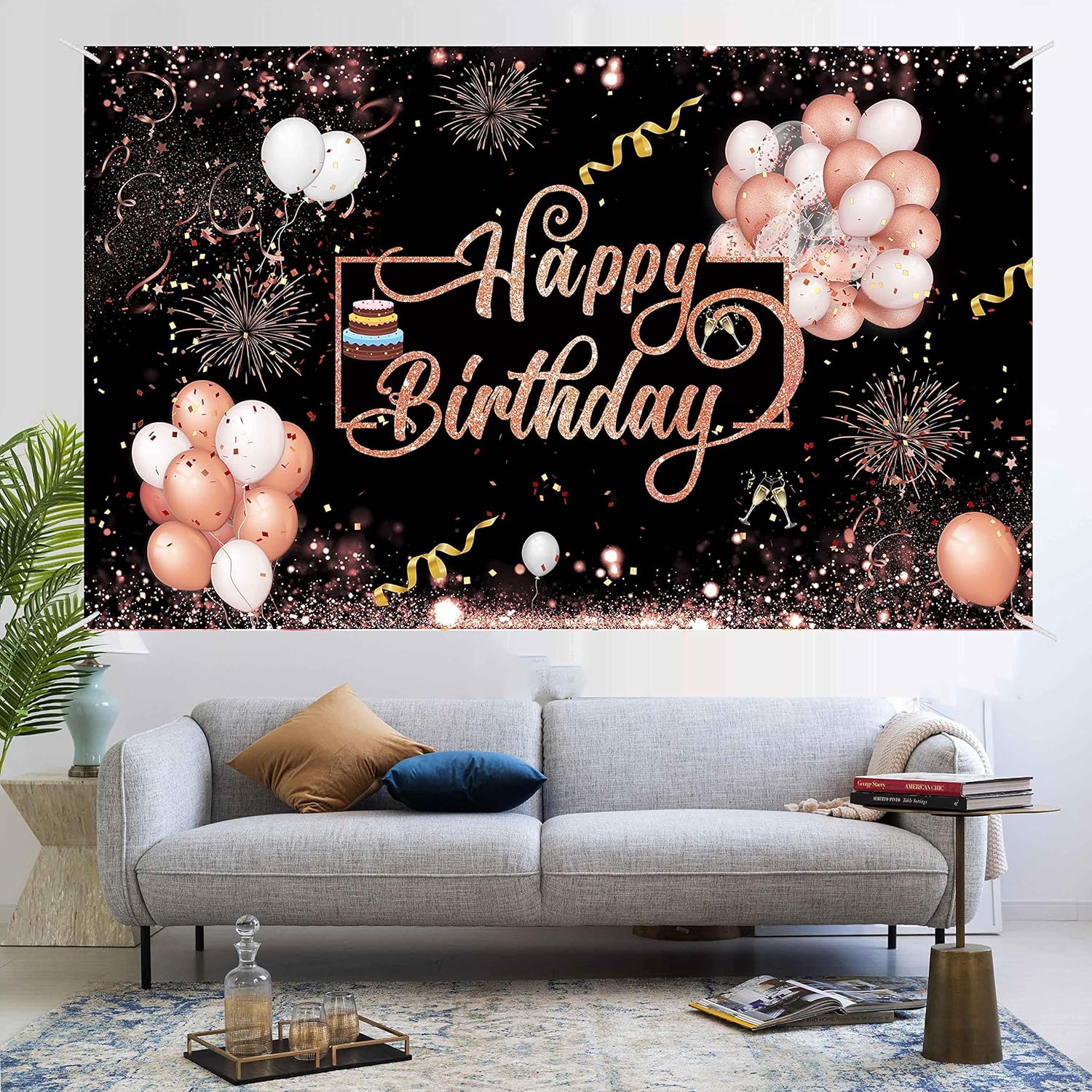 thinkstar Rose Gold Happy Birthday Theme Fabric Sign Poster Banner Backdrop With Firework,Star,Balloons,Cakes Pattern For Brithday Phot…