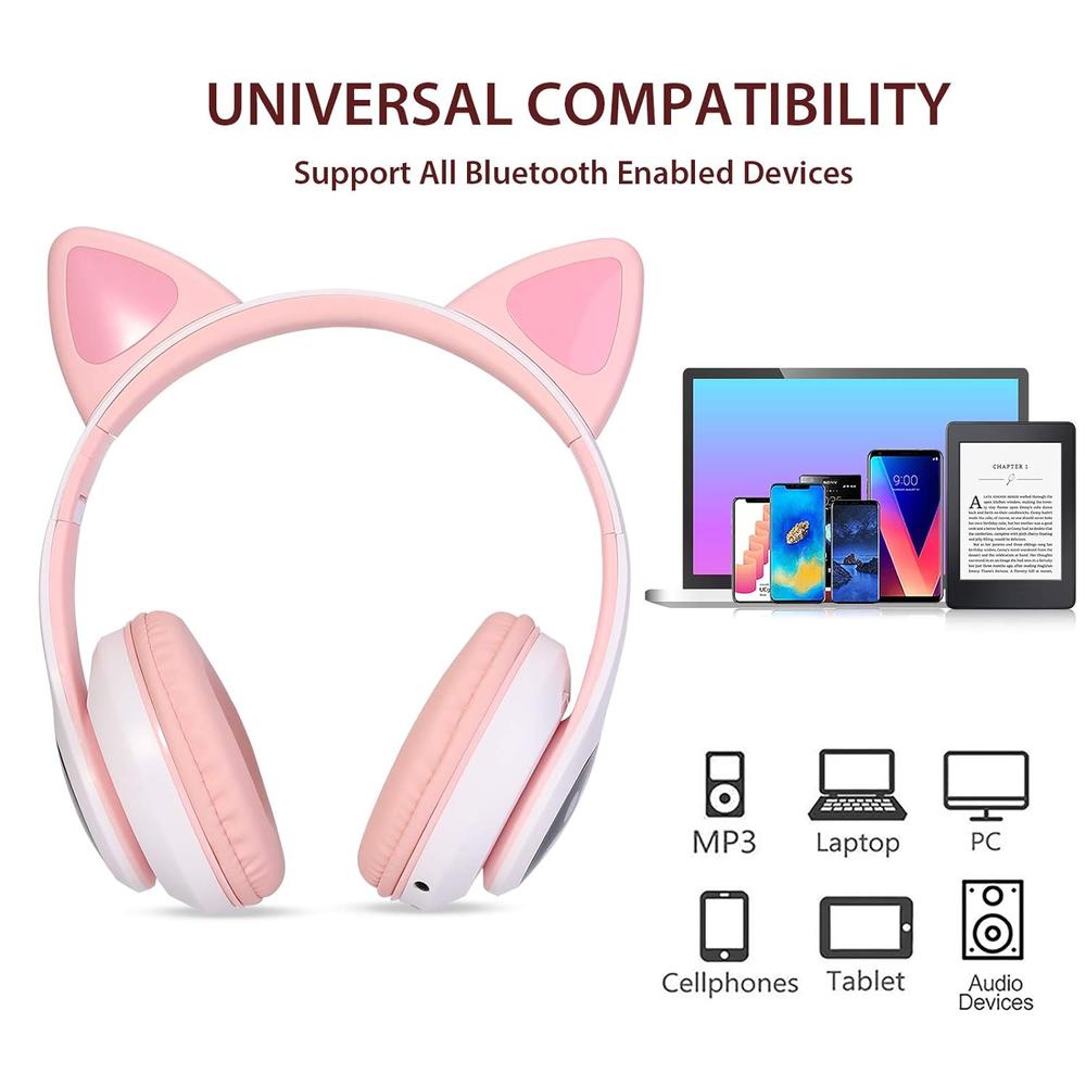 thinkstar Kids Wireless Headphones Cat Ear Led Light Up Bluetooth Foldable Headphones Over Ear W/Microphone For Online Distant Learning…