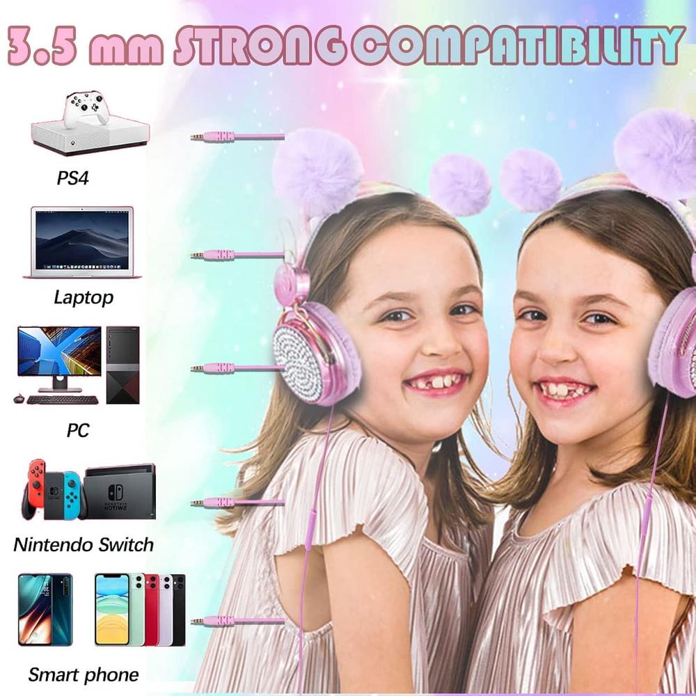 thinkstar Unicorn Kids Headphones For Girls Children Teens,Cute Cat Ear Wired Headphones W/Microphone 3.5Mm Jack, Over On Ear Headset F…