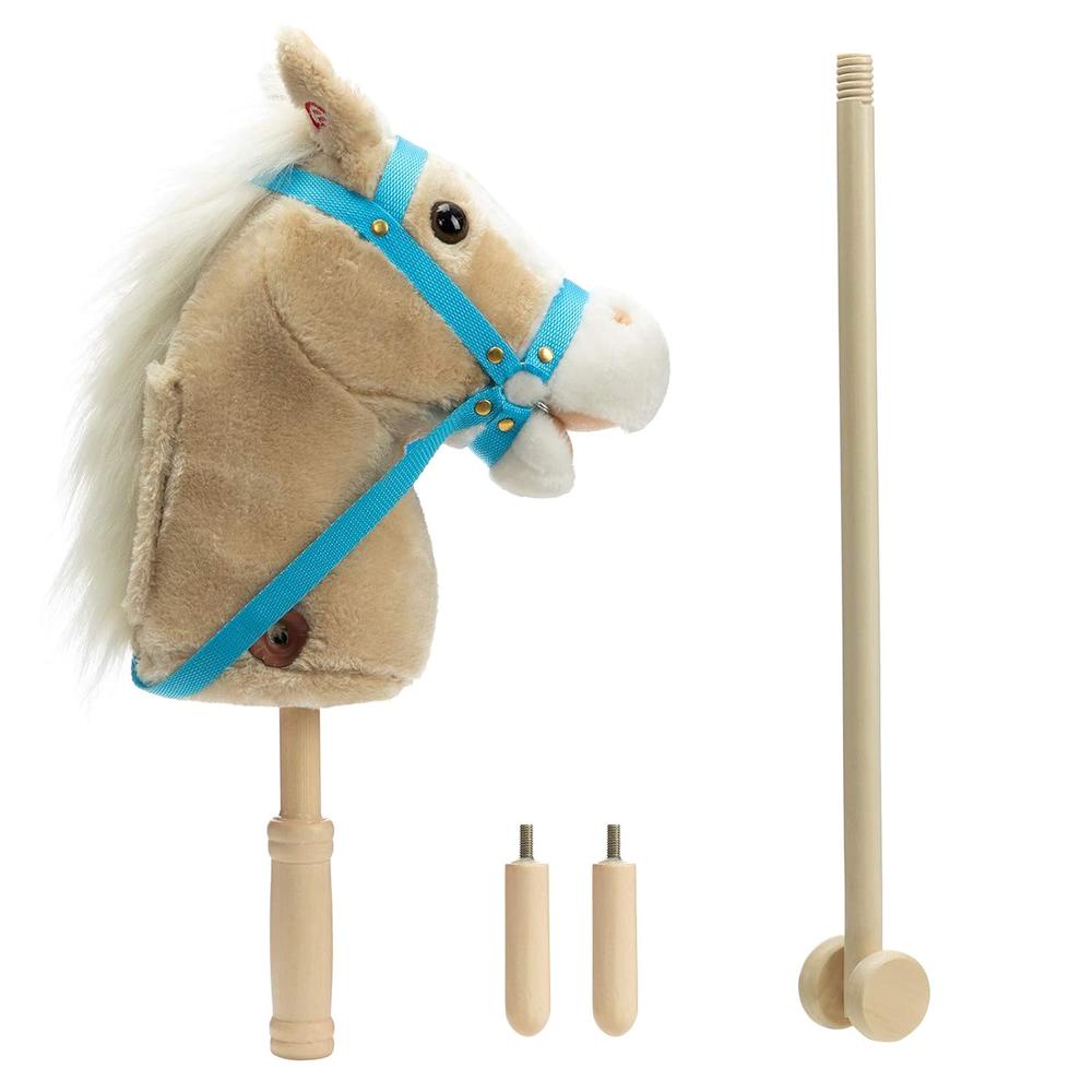 thinkstar Outdoor Stick Horse With Wood Wheels Real Pony Neighing And Galloping Sounds Plush Toy Beige 36 Inches(Aa Batteries Required)