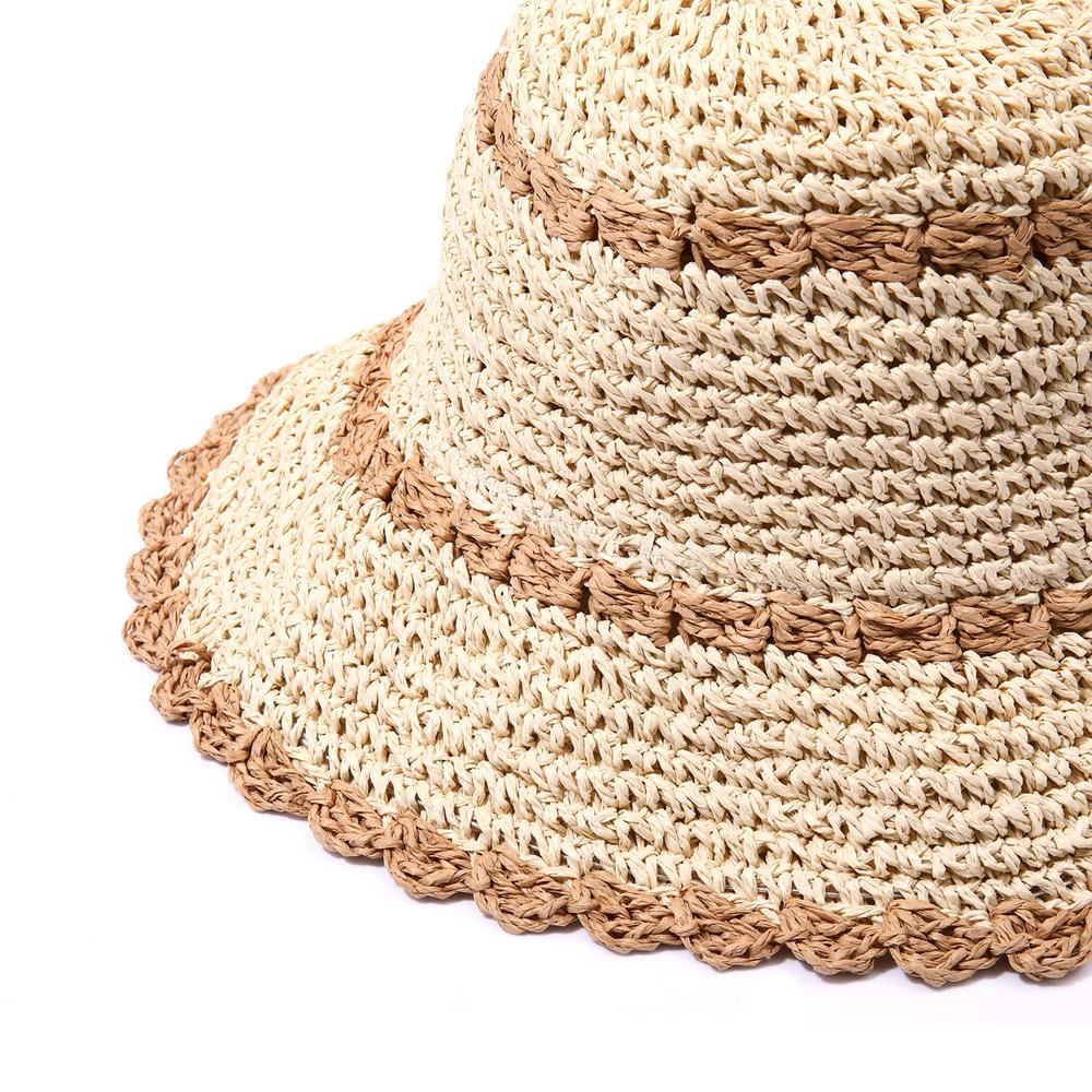 thinkstar Straw Hats For Women Color Trim Straw Bucket Sun Hat Floppy Straw Beach Hat Packable Summer Vacation Accessories (Beige Brown)